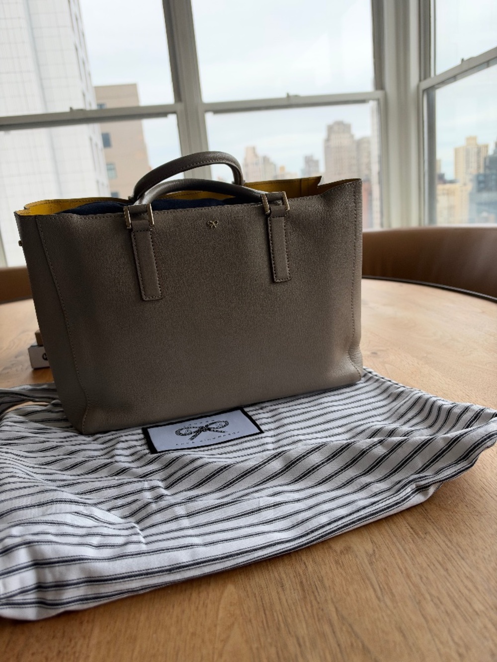 Anya Hindmarch Ebury Soft Tote Taupe Leather Yellow Interior
